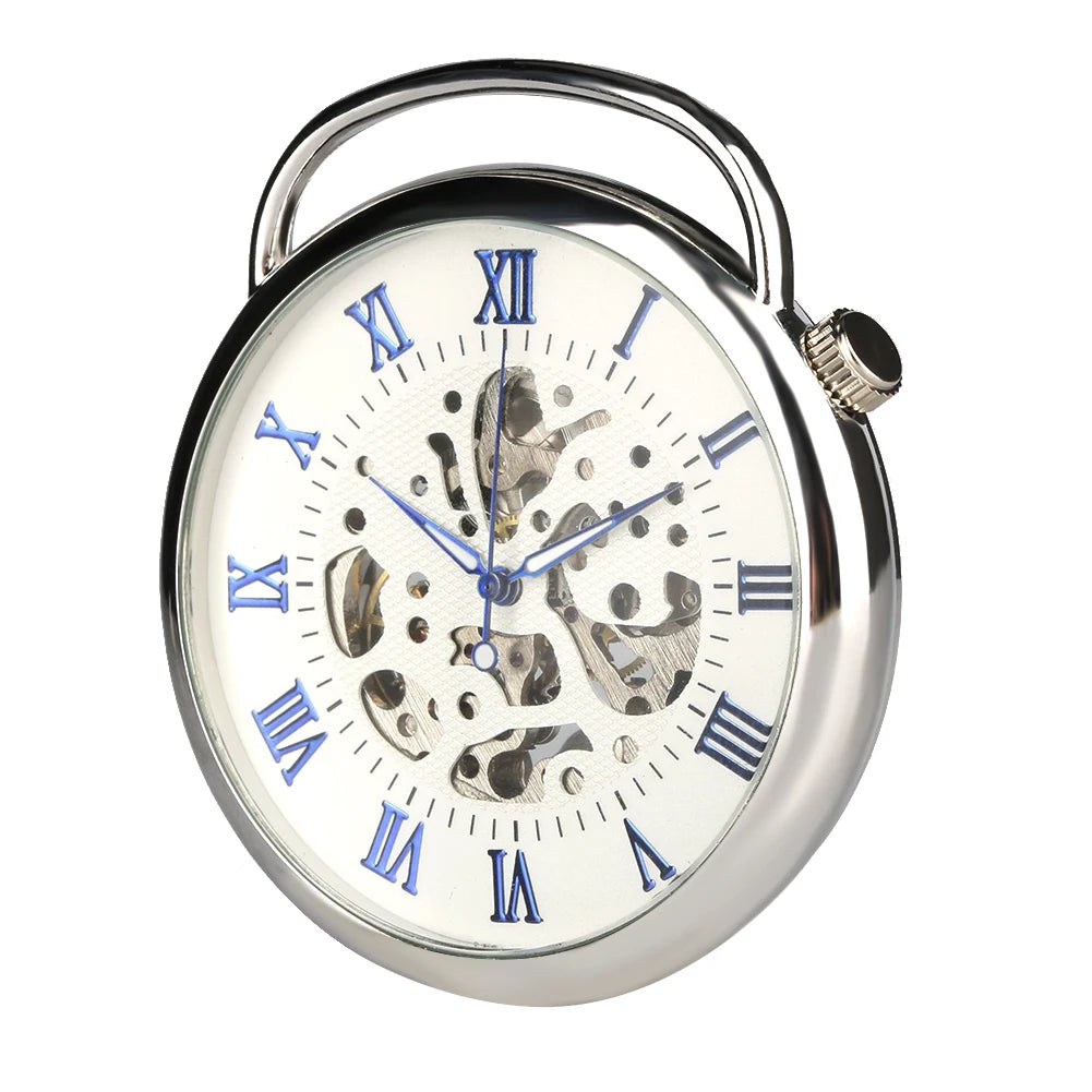 Open Face Blue Roman Numerals Display Mechanical Hand Winding Pocket Watch Silver Transparent Skeleton Pendant Antique Clock