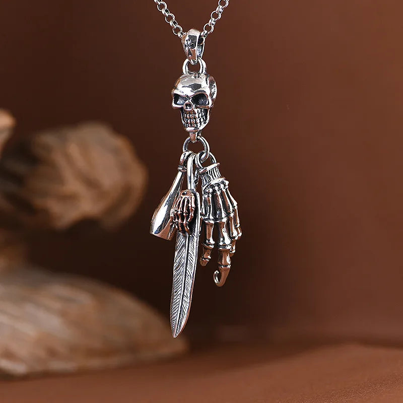 BOCAI New S925 Silver Retro Personalized Trendy Hip Hop Skull Feather Bone Claw Bowling Bottle Men's Pendant