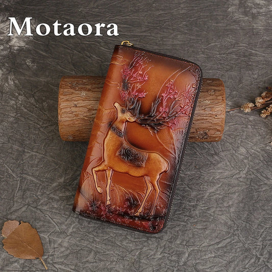 MOTAORA New Embossed Genuine Leather Wallet For Women’s Long Zipper Large Capacity Handbag Ethnic Style Card Phone Bag Purses