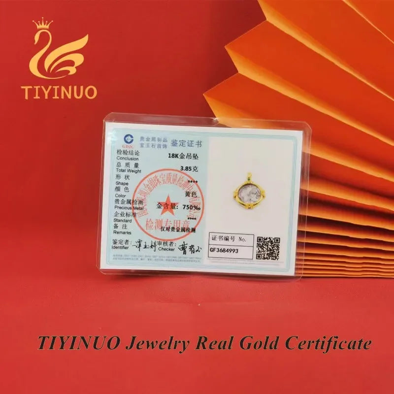 TIYINUO Authentic AU750 Real 18K Real Gold Ancient Coin Athena Owl Pendant Twisted Rope Necklace Delicate Gift For Woman Jewelry