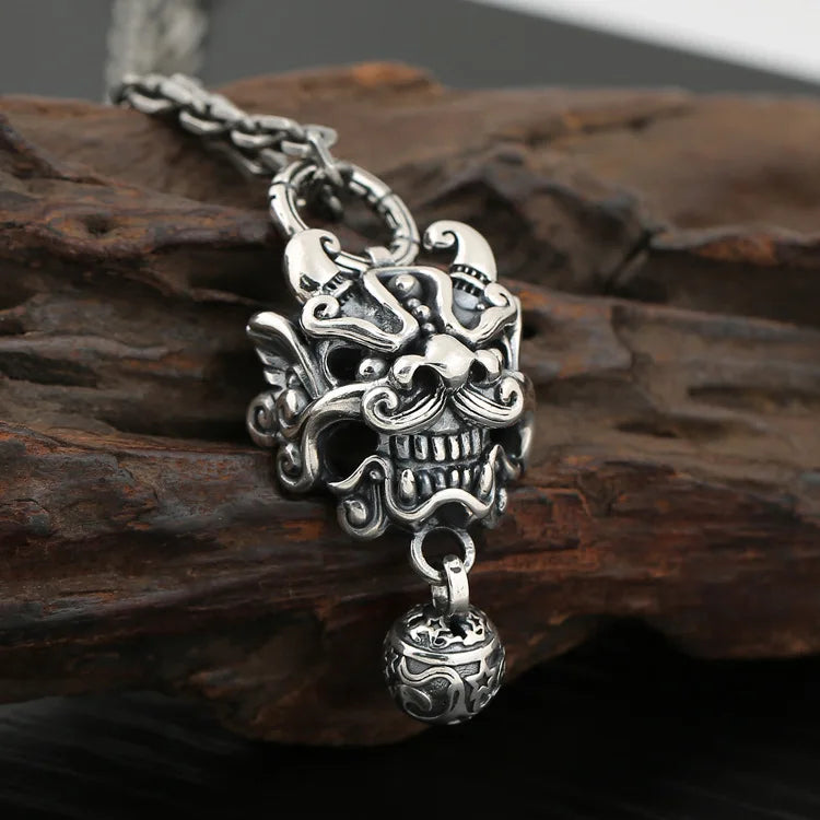 BOCAI New  Pure S925 Silver Vintage Thai Chinese Style Tang Lion Bell Pendant for Man Good Luck Jewelry Accessories