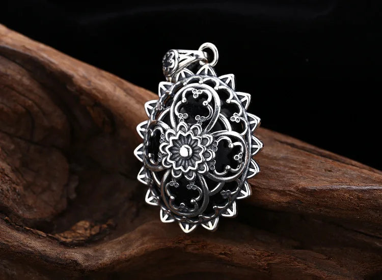 925 Sterling Silver Flower Pendant Thai Silver Antique Finish Vintage Boho Chic Jewelry