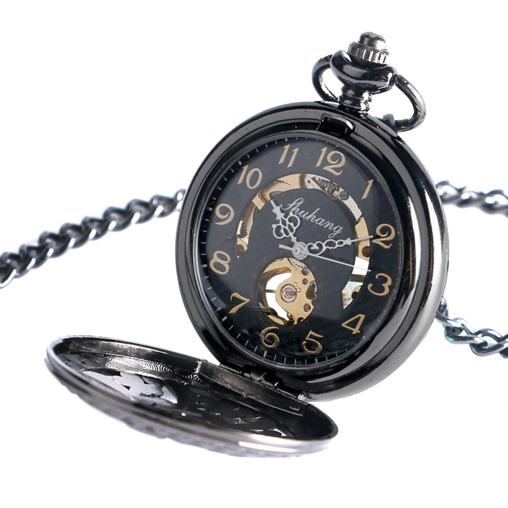 Men's Black Flower Green Dots Decor Mechanical Hand Winding Pocket Watch 30 cm Fob Chain Pendant Timepiece Antique Stylish Gift