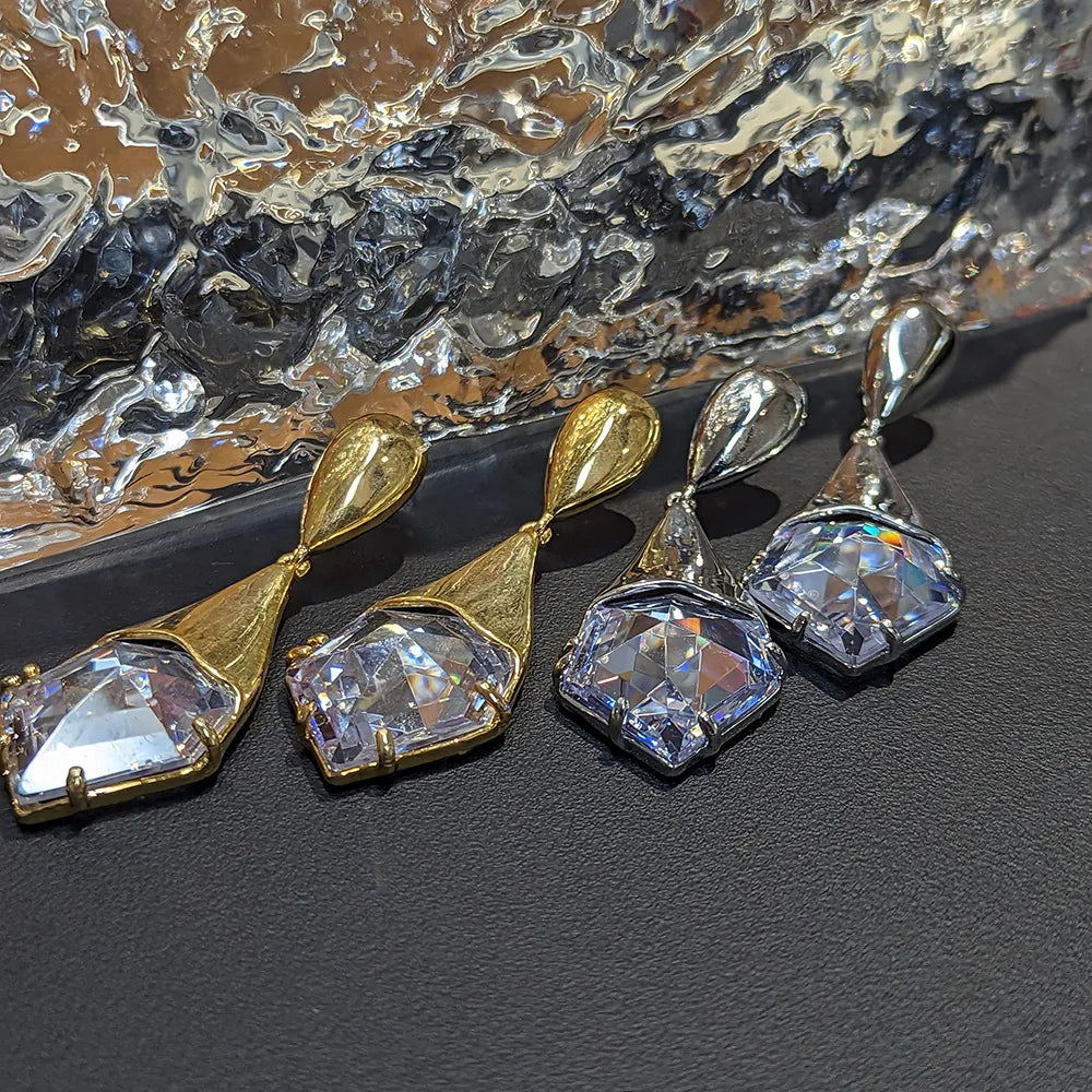 European and American vintage metal fashion French women multi-faceted cut zircon heavy texture gold and silver earrings
