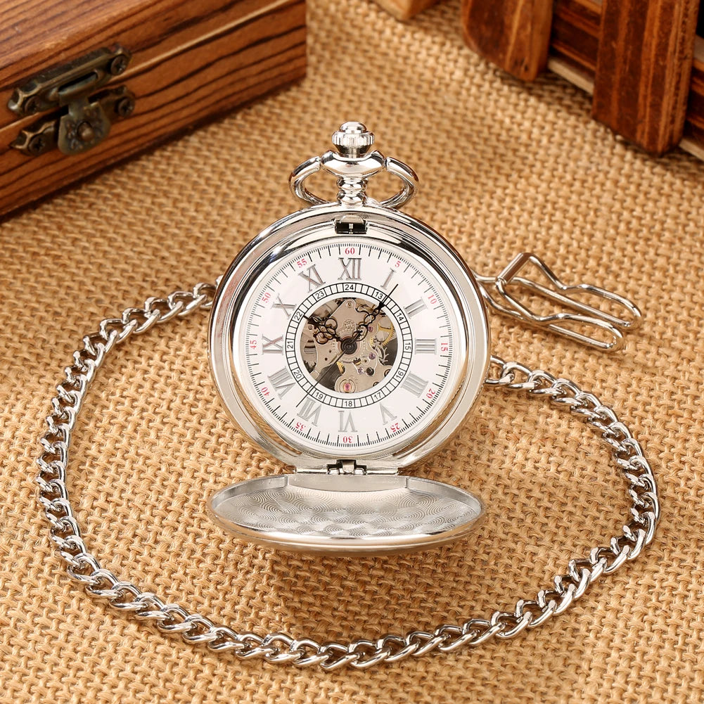 Brushed Silver Smooth Mechanical Pocket Men Watch Roman Numerals Dial Elegant Antique Stylish Hand Winding Pocket Clock Male