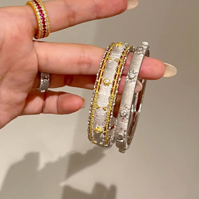 BELLUX 925 Silver Synthetic Zircon Bracelet Wide Edition Gold Sunflower Brushed Light Luxury Vintage Bangle