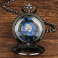 Antique Pocket Watch Hollow Gear Case Men's Hand Winding Mechanical Clock Pendant Chain Luminous Hands Black Timepiece