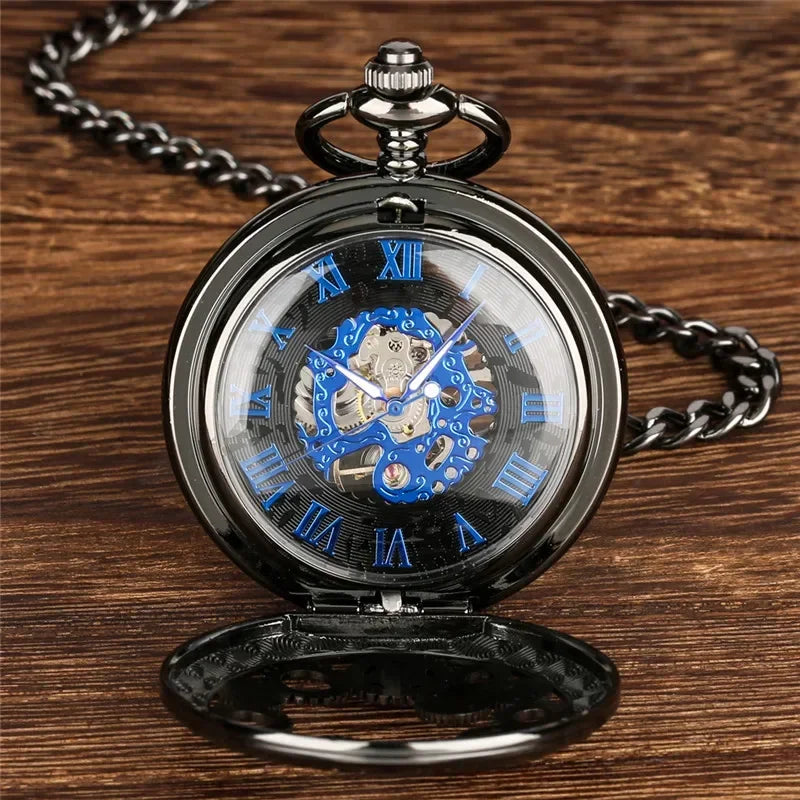 Antique Pocket Watch Hollow Gear Case Men's Hand Winding Mechanical Clock Pendant Chain Luminous Hands Black Timepiece