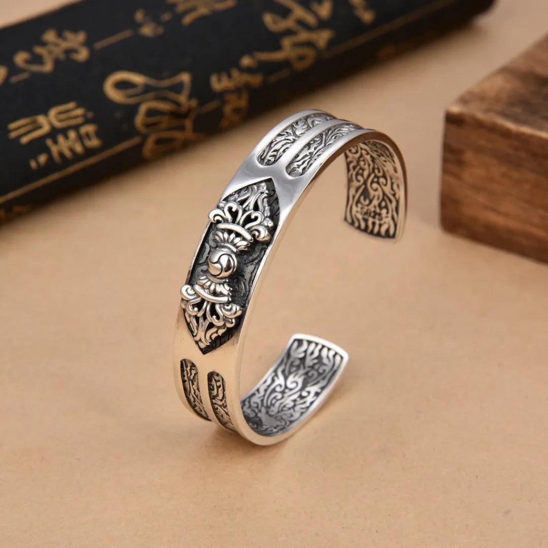 Pure silver diamond pestle bracelet men's retro wide version auspicious cloud bracelet trendy personality wrist accessory