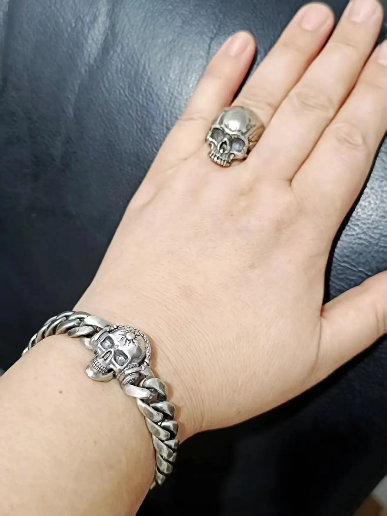 BOCAI Retro Style S925 Sterling Silver with Pattern Trendy Personalized Skull Bracelet for Men