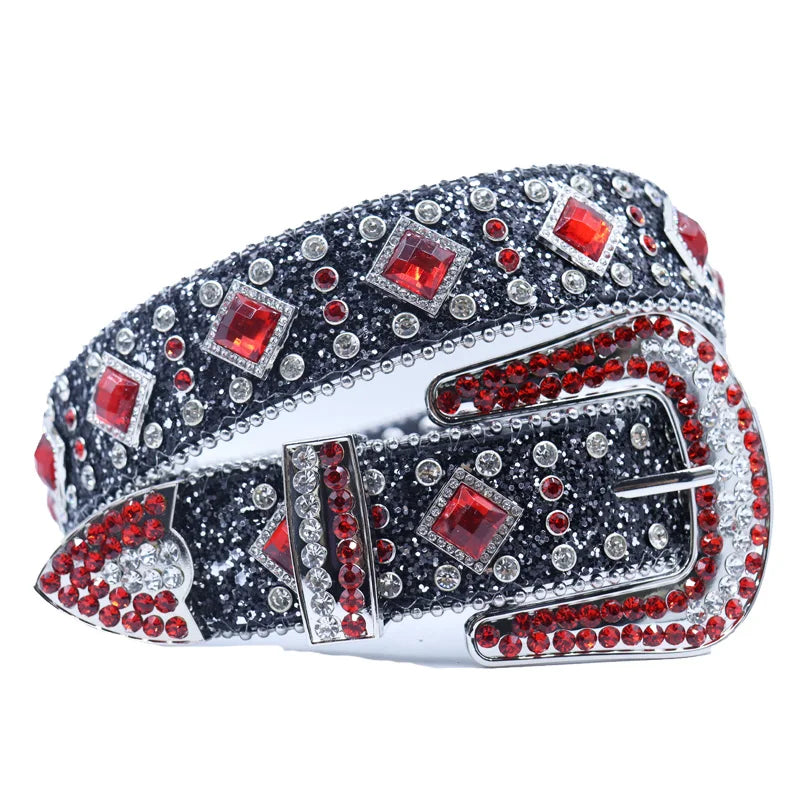 Silver Men Women Unisex Red Big AB Stones Western Cowboy Rhinestone Belt Studded Diamond Punk Belt
