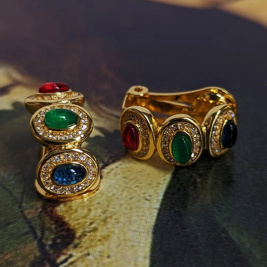 European and American vintage court vintage zircon gold plated colored glass earrings