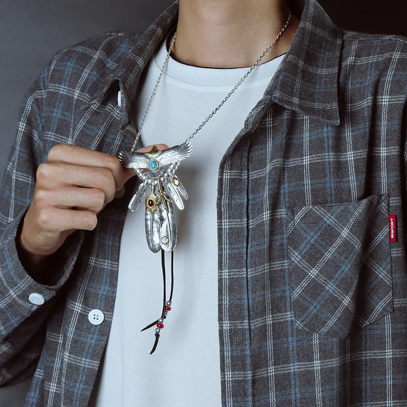S925 Silver Bridge Feather Eagle Indian Trendy Necklace Female Sweater Chain Hip Hop Men's Pendant