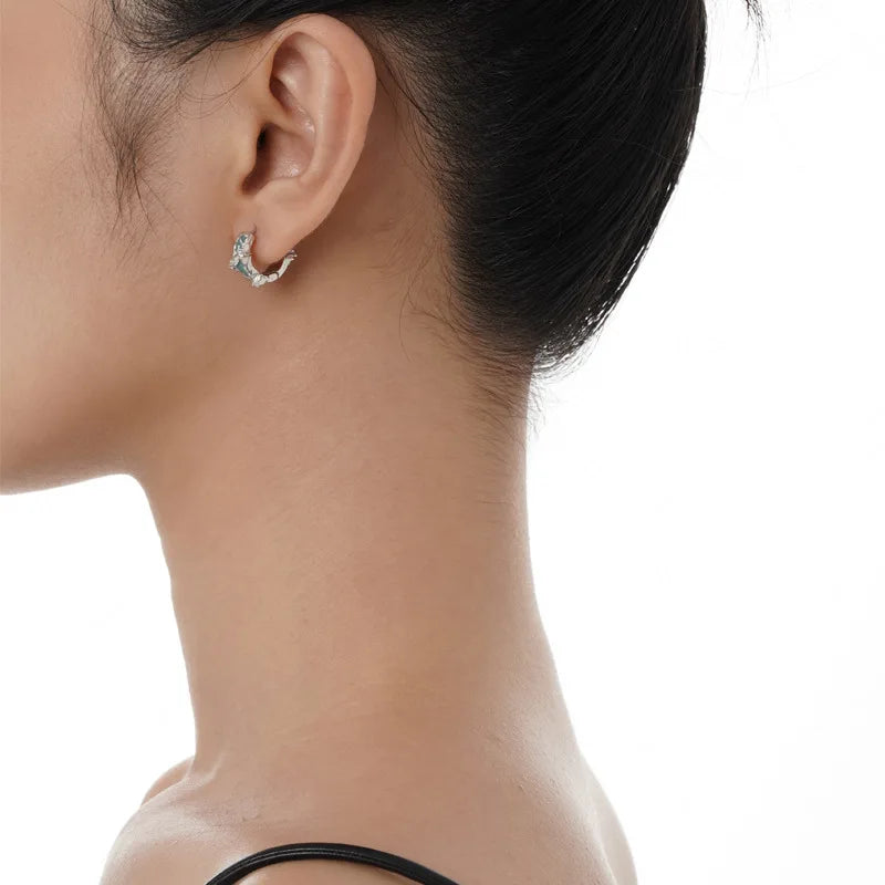 F.I.N.S S925 Sterling Silver Irregular Shaped Hoop Earrings Enamel Zircon Small Piercing Ear Buckles Retro Old Fine Jewelry