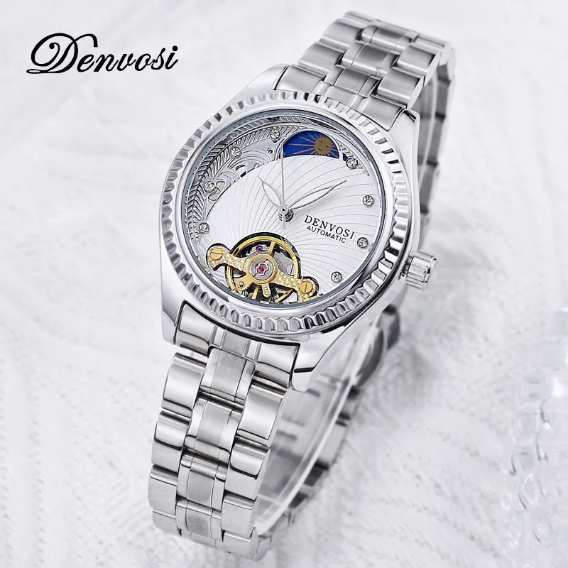 Ladies Flywheel double hollowed luxury fashion casual luminous leather watch with automatic mechanical waterproof wristwatch