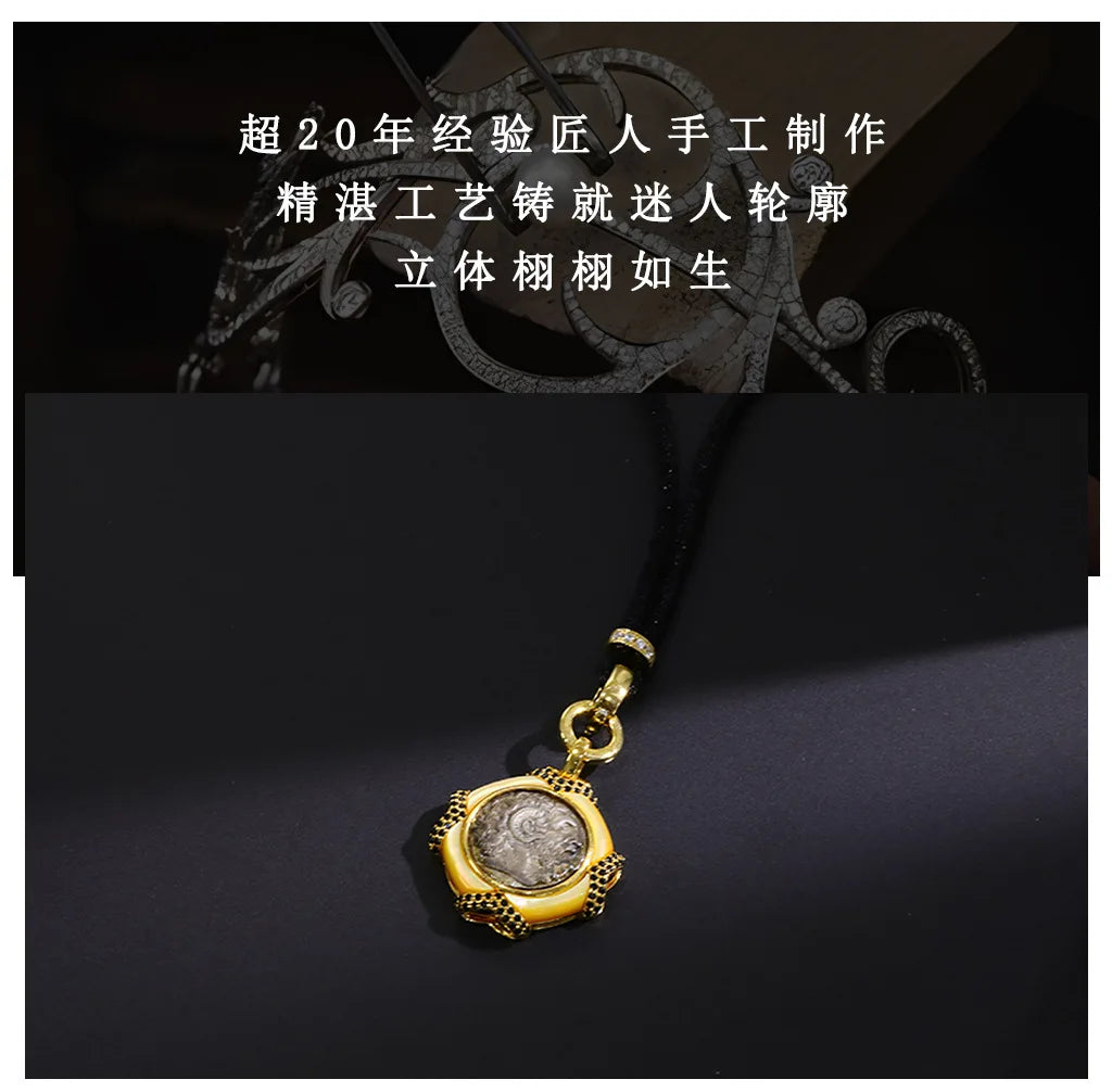 s925Silver Plated Ancient Greek Horn Emperor Ancient Coin Necklace Pendant Replica God King Zeus Heavy Craft Inlaid Mother-of-Pe
