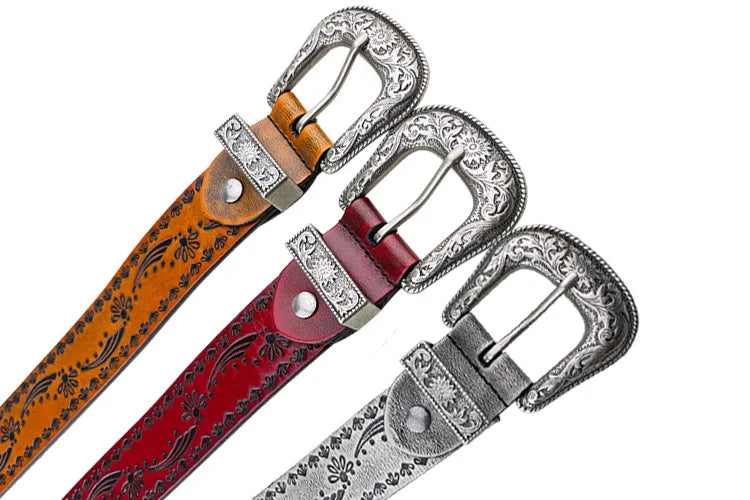 Punk retro embossed first layer cowhide belt, national personality  literary fashion bohemian port style men's and women's belt