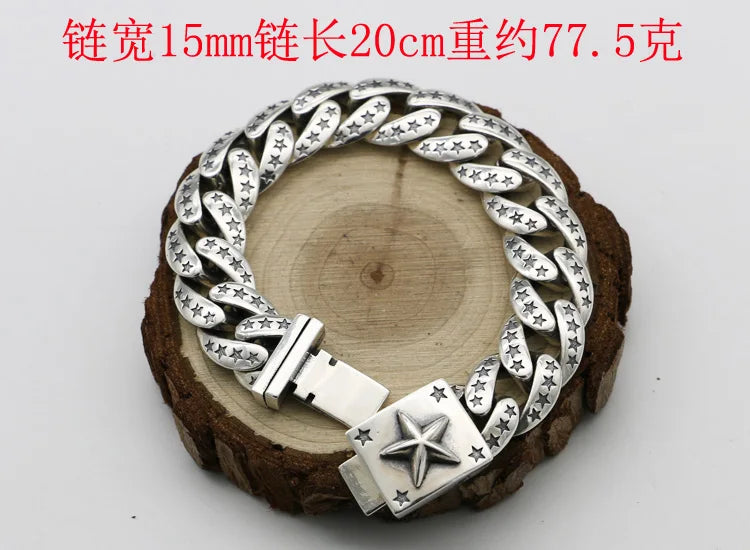 Pure Silver Personalized Versatile Trendy Star Bracelet Men's Bracelet Simple Thai Silver Retro Punk Style Hip Hop Bracelet Deco