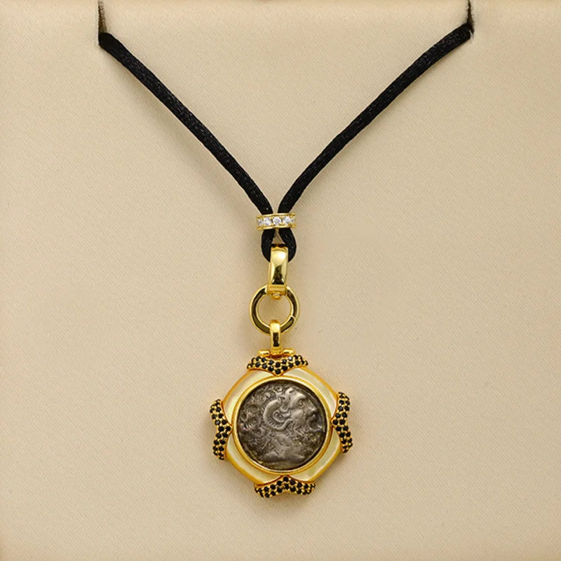 s925Silver Plated Ancient Greek Horn Emperor Ancient Coin Necklace Pendant Replica God King Zeus Heavy Craft Inlaid Mother-of-Pe