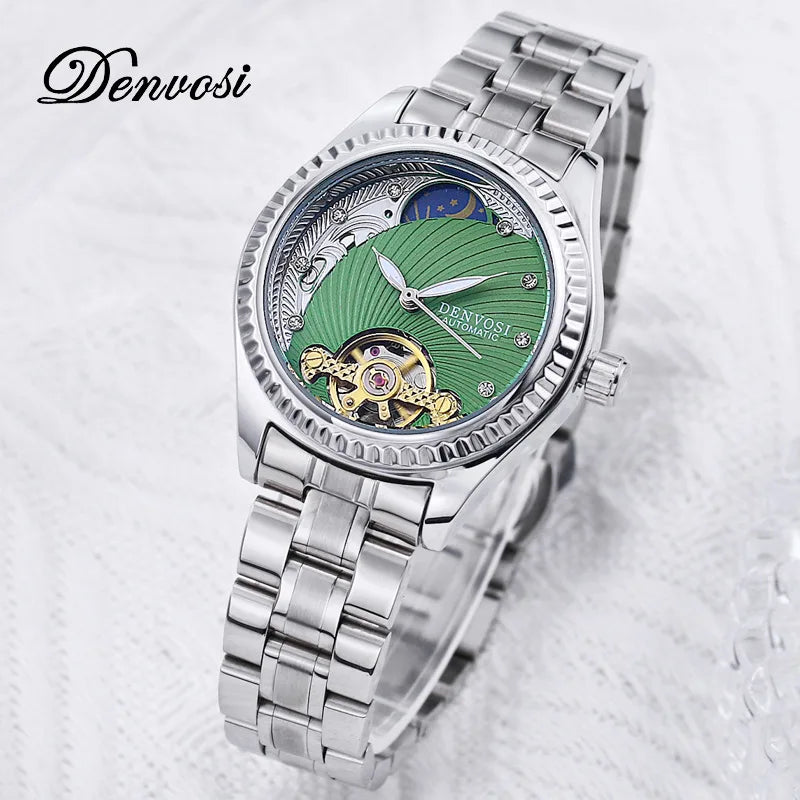 Ladies Flywheel double hollowed luxury fashion casual luminous leather watch with automatic mechanical waterproof wristwatch