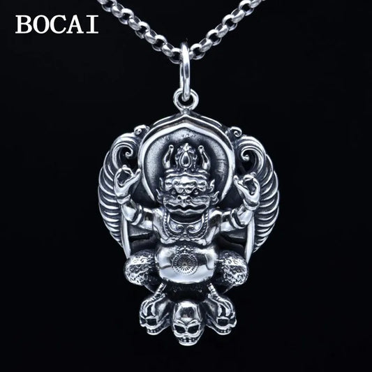 BOCAI New S925 Sterling Silver Retro Personalized Diamond Pestle Flame Golden Winged Roc Bird Skull Pendant Male and Female