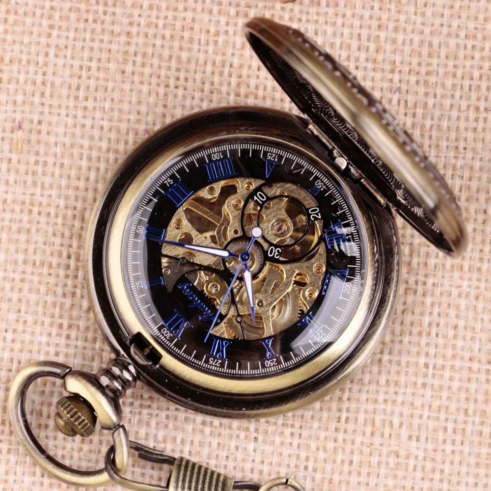 Antique Hollow Roman Number Gear Wheel Design Mechanical Pocket Watch Retro Pendant Clock Gifts for Men Women