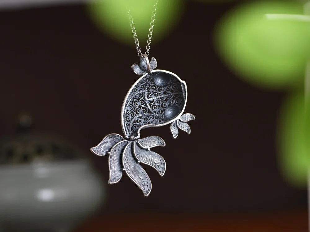 New S925 Silver Retro Vintage Hollowed Out Cute Goldfish Pendant For Ladies Fashionable Lucky Gift