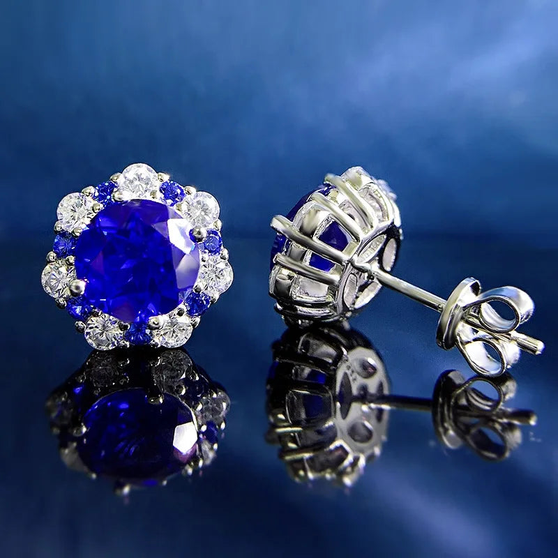 PANSYSEN Vintage 100% 925 Sterling Silver 8MM 2CT Flower Lab Sapphire Diamond Stud Earrings for Women Party Fine Jewelry Gift
