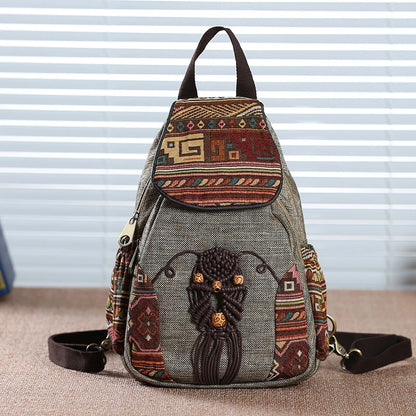 MOTAORA Handmade Women's Bohemian Backpack Vintage Canvas Mini Rucksack Ethnic Geometric Print Travel Casual Daypack Lightweight