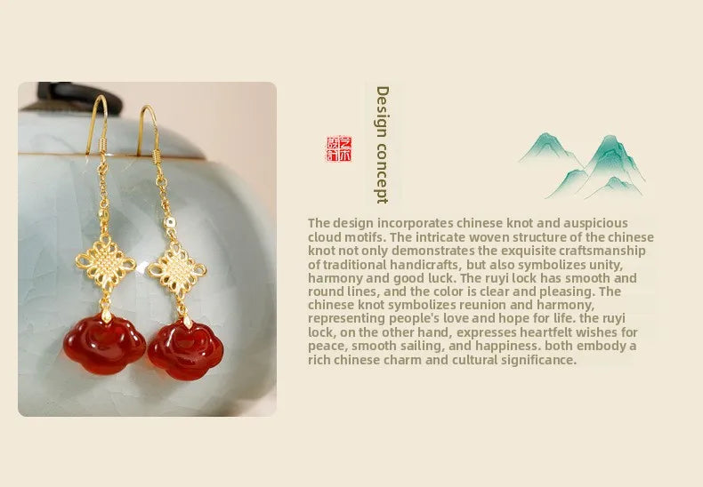 Red Agate Silver Plated Small Flower Good Luck Longevity Lock Agate Earrings Vintage Style for Cheongsam Hanfu Retro Aesthetic