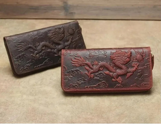 COSMO Unisex Dragon Embossed Card Wallet Oriental Style Leather Handmade