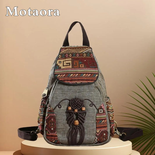 MOTAORA Handmade Women's Bohemian Backpack Vintage Canvas Mini Rucksack Ethnic Geometric Print Travel Casual Daypack Lightweight