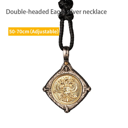 Double Headed Eagle Embossed Silver Inlaid Copper Pendant Necklace  Byzantine Style Vintage Antique Jewelry Gift