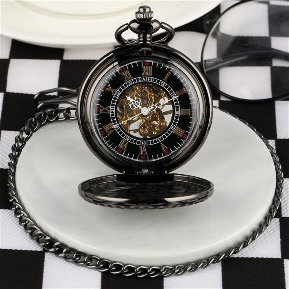 Steampunk Vintage Train Pattern Mechanical Hand-wind Pocket Watch Red Copper Pendant Antique Clock Manual Mechanism Timepiece