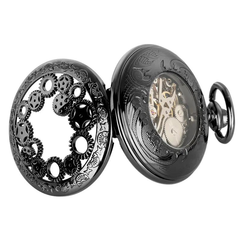 Antique Pocket Watch Hollow Gear Case Men's Hand Winding Mechanical Clock Pendant Chain Luminous Hands Black Timepiece
