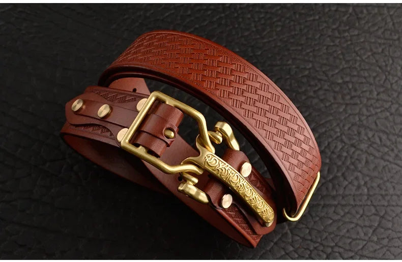 Cavalry genuine copper buckle belt, hand strap Cavalry men's casual pants belt 100% cowhide genuine leather men's denim belt