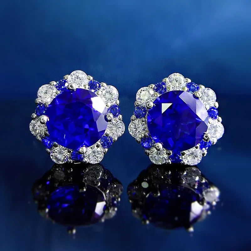 PANSYSEN Vintage 100% 925 Sterling Silver 8MM 2CT Flower Lab Sapphire Diamond Stud Earrings for Women Party Fine Jewelry Gift