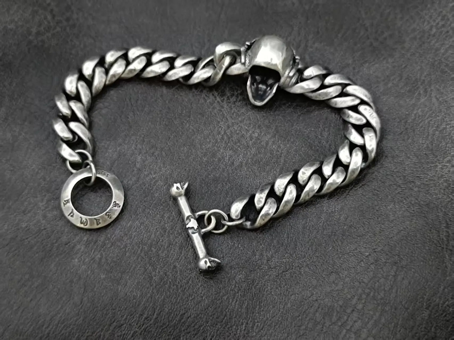 BOCAI Retro Style S925 Sterling Silver with Pattern Trendy Personalized Skull Bracelet for Men