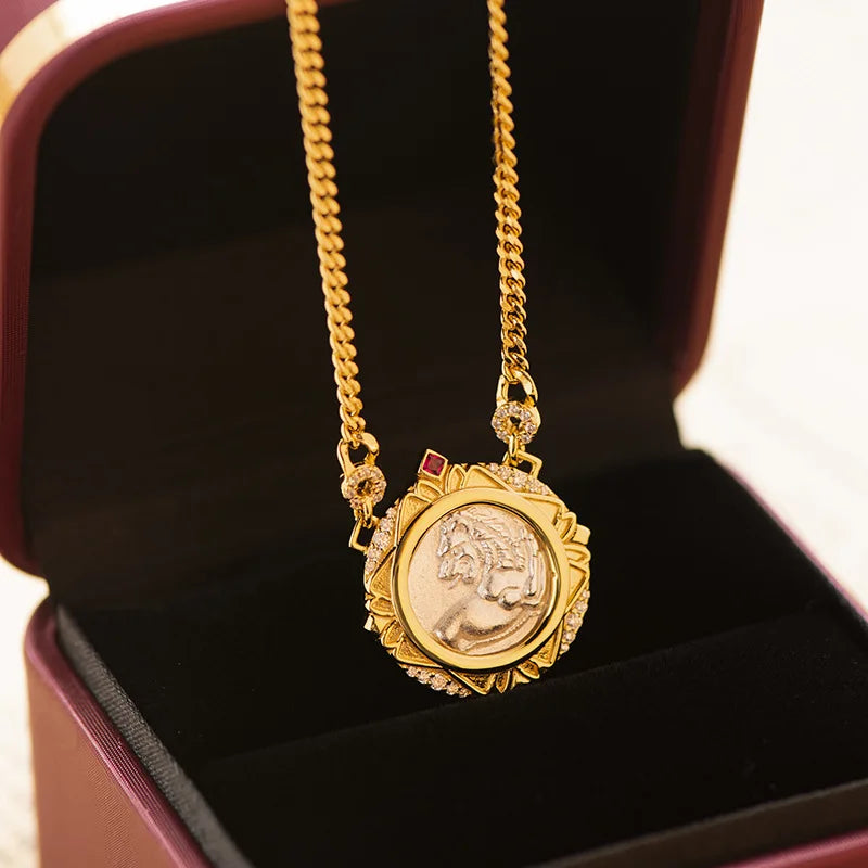 Retro Sterling Silver Necklace For Women's 925 Silver Electroplated 18K Gold Lion Red Treasure Ancient Coin Necklace