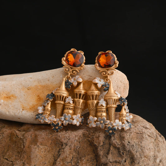 Vintage Gold Castle Enamel Earring 925 Silver Pin Red Agate Crystal Ear Stud Drop Hoop Party Show Wedding Victorian Era Jewelry