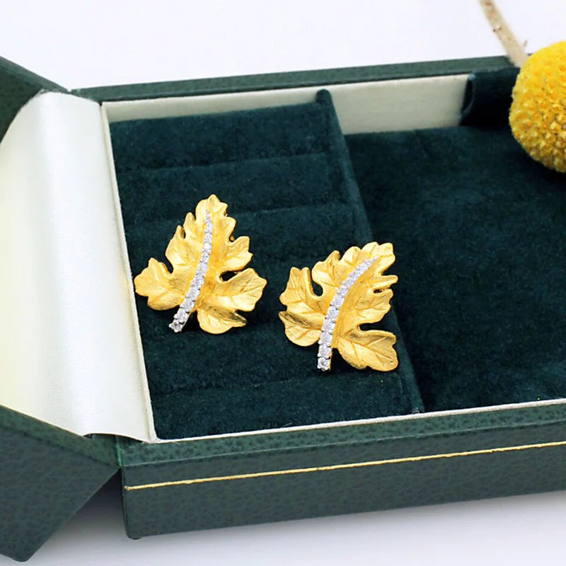 ZOCA Vintage Brushed Craft 925 Sterling Silver Thick Gold Plated Maple Leaf Stud Earrings Elegant Daily Wear Women Gift Jewelry