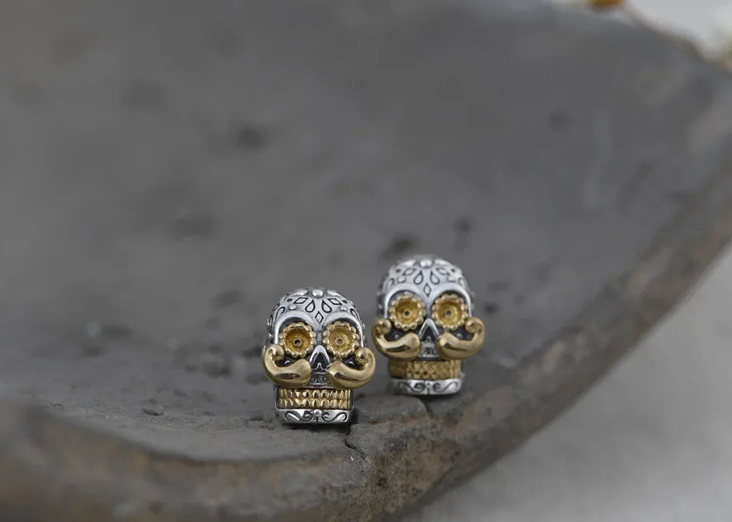 Real S925 Silver Jewelry Retro Thai Fashion Punk Style Long Beard Skull Earrings for Men