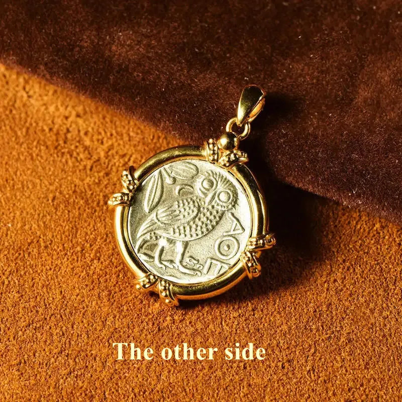 TIYINUO Authentic AU750 Real 18K Real Gold Ancient Coin Athena Owl Pendant Twisted Rope Necklace Delicate Gift For Woman Jewelry