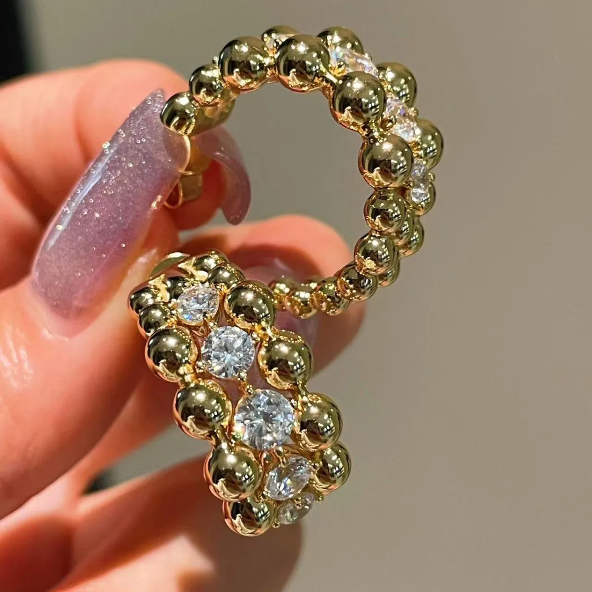 BELLUX 925 Silver Gold Plated Synthetic CZ Italian Style Vintage White Diamond Bead Earrings