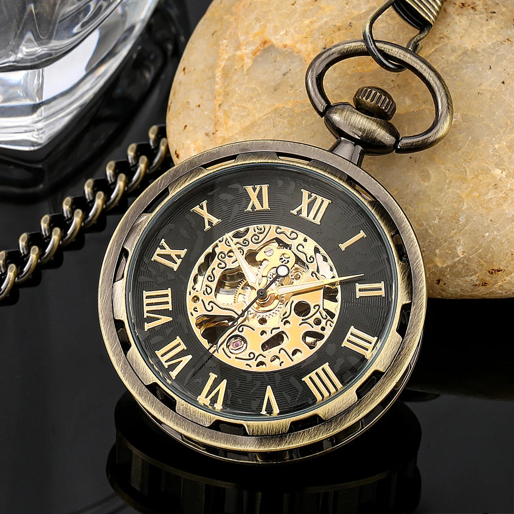Open Face Roman Numerals Display Mechanical Hand Winding Pocket Watch Elegant Fashion Antique Manual Pocket Clock Gift for Male