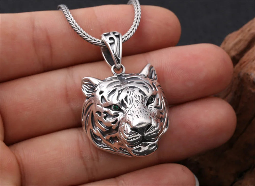 S925 Sterling Silver Charms Pendants for Women Men New Fashion Hollow Retro 3D Tiger Head Zircon Eyes Punk Jewelry Wholesale