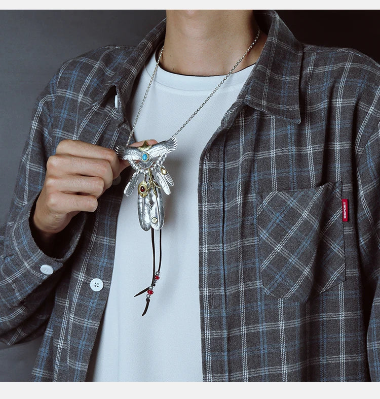 S925 Silver Bridge Feather Eagle Indian Trendy Necklace Female Sweater Chain Hip Hop Men's Pendant