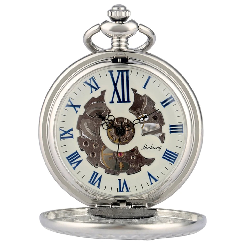 Steampunk Vintage Train Pattern Mechanical Hand-wind Pocket Watch Red Copper Pendant Antique Clock Manual Mechanism Timepiece