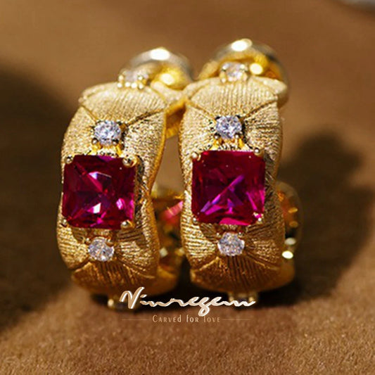 Vinregem Ruby High Carbon Diamond Gemstone Vintage Hoop Earrings for Women 18K Gold Plated 925 Sterling Silver Fine Jewelry Gift