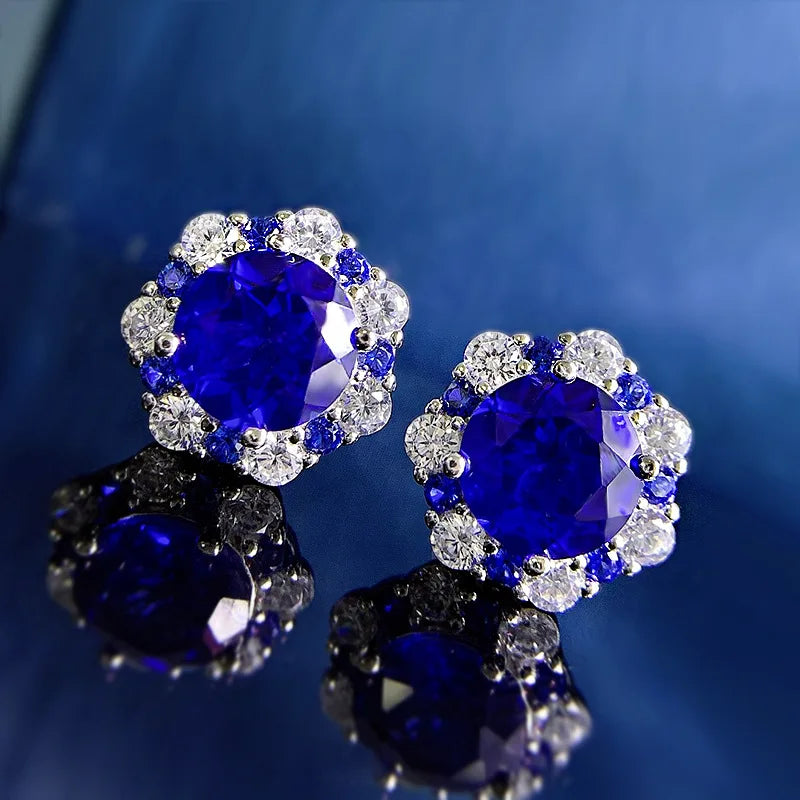 PANSYSEN Vintage 100% 925 Sterling Silver 8MM 2CT Flower Lab Sapphire Diamond Stud Earrings for Women Party Fine Jewelry Gift